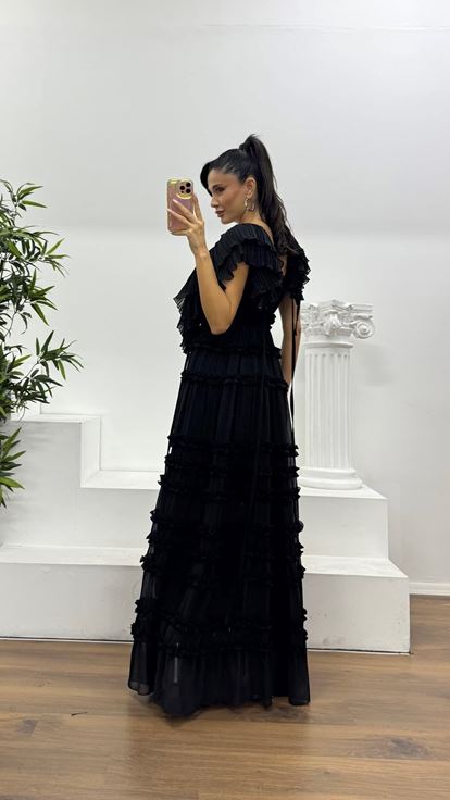 Black Layered Ruffle Special Design Chiffon Evening Dress